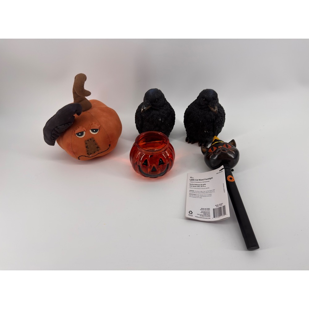 Halloween Decor Bundle Home Accents Holiday LED Cat Wand Crows Pumpkin Glass